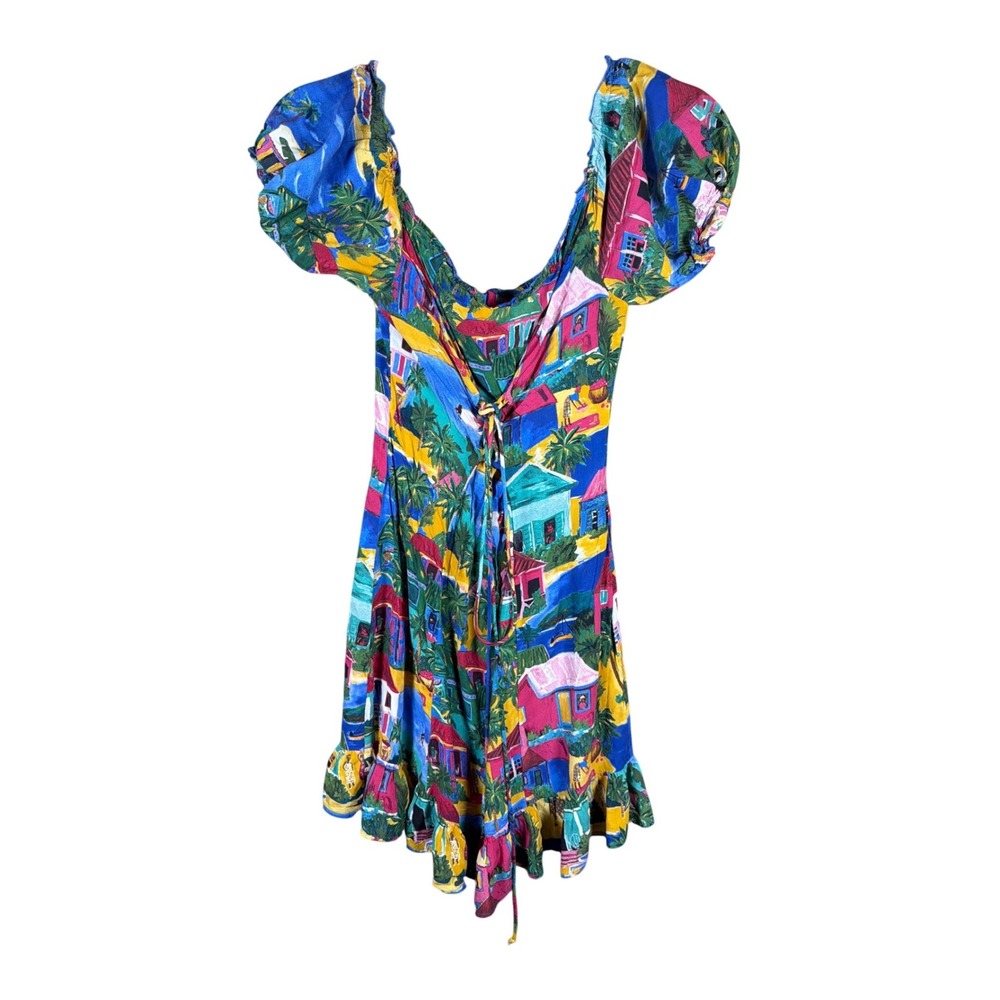 Zara Accessories Women Tropical Island Print Puff Sleeve Mini Dress‎ Size M Blue